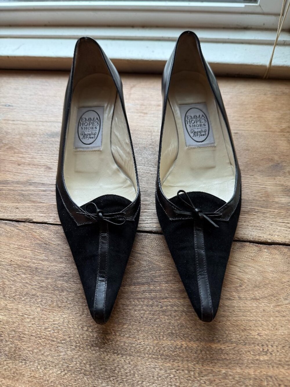Vintage Emma Hope 90s Y2K Black Suede Bow Kitten Heels Pointed 36.5 (6)